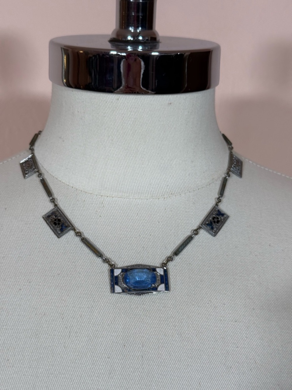 Antique Art Deco 1920 Blue Checho Glass Guilloche enamel choker Necklace - Picture 7 of 17